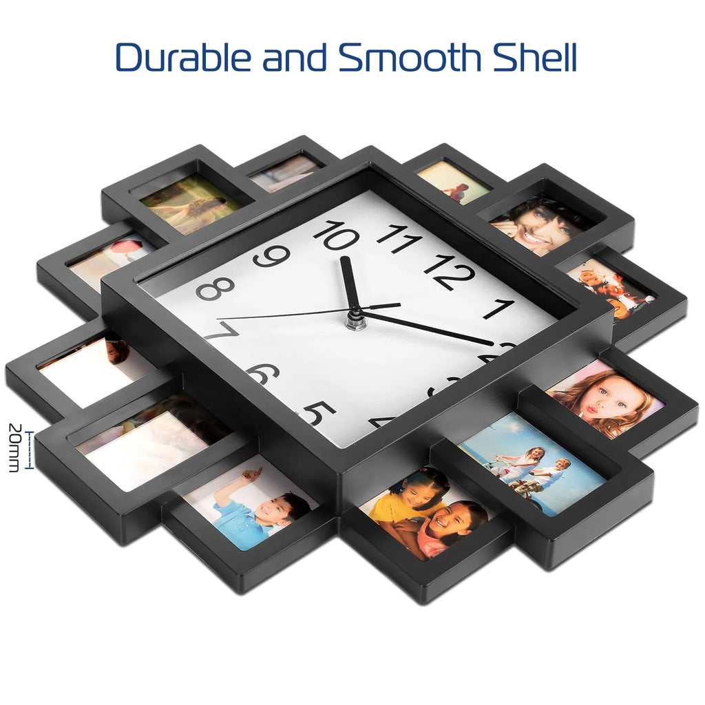 Photo Frame Wall Clock With 12 Picture Display Slots, Black ABS Collage Clock for Living Room, Bedroom, or Office, 15.35 In