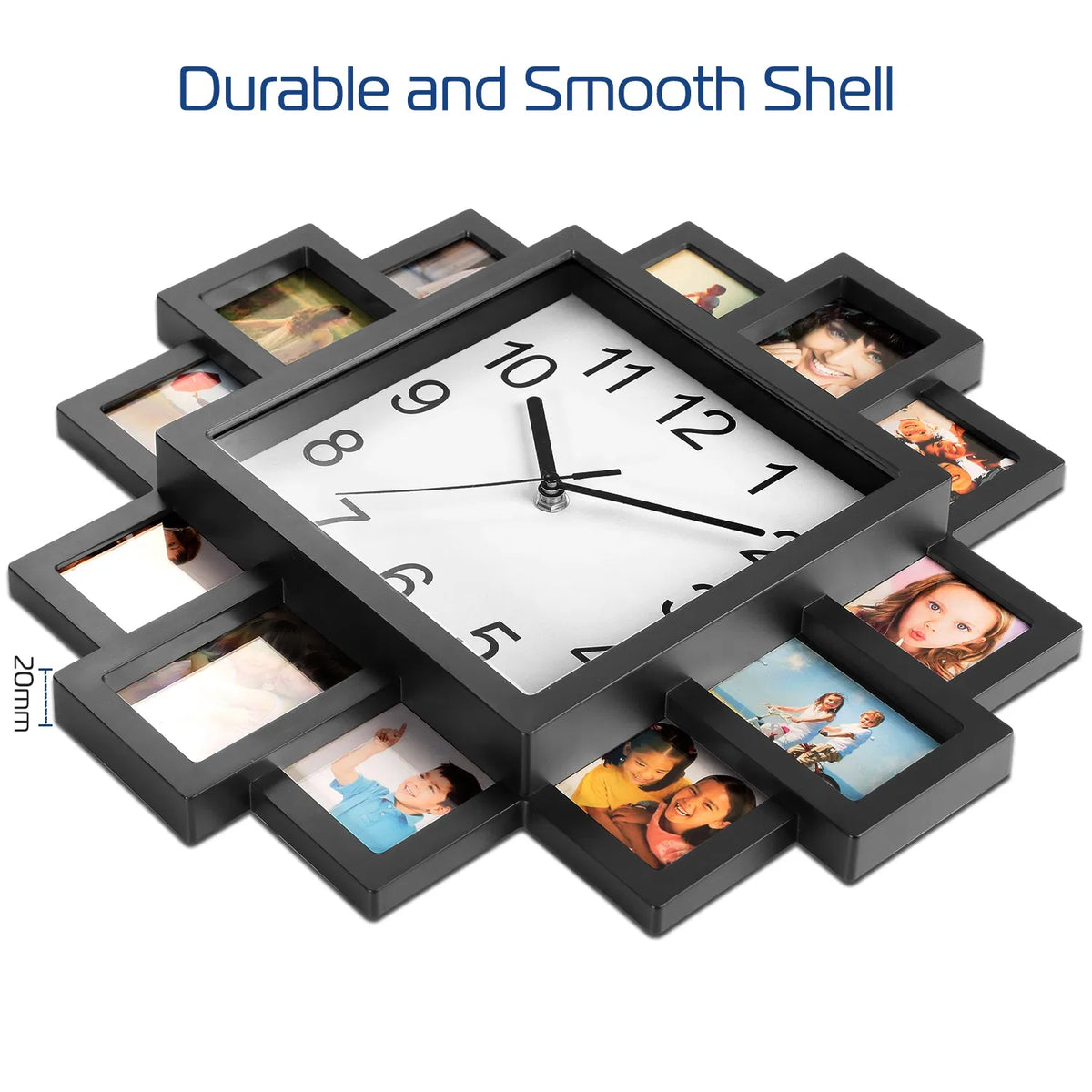 Photo Frame Wall Clock With 12 Picture Display Slots, Black ABS Collage Clock for Living Room, Bedroom, or Office, 15.35 In