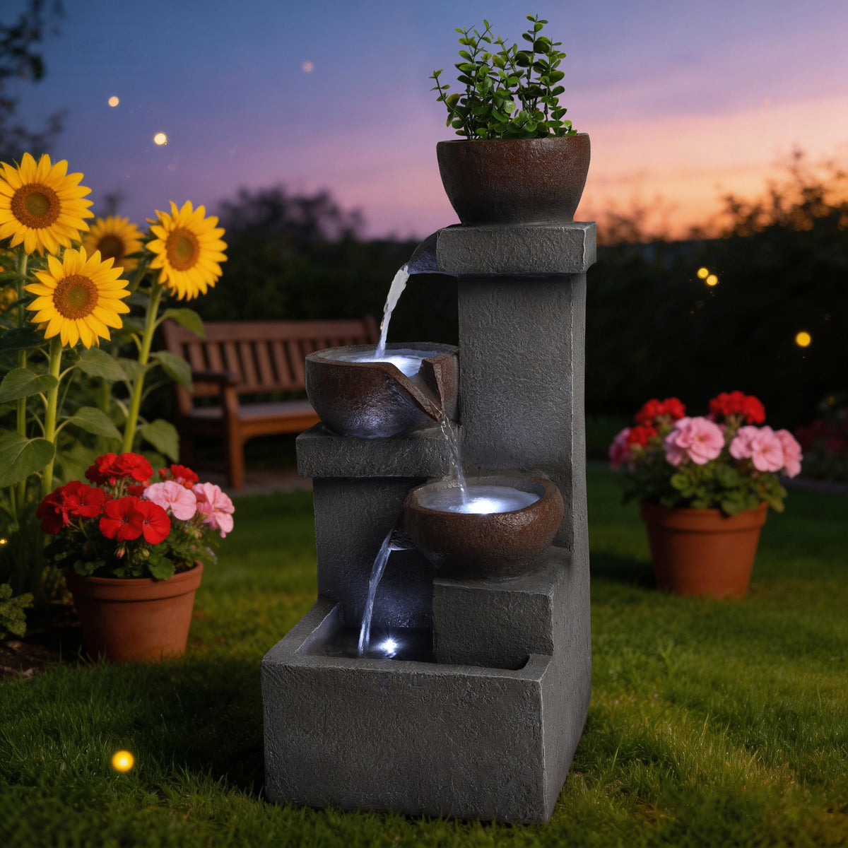 Outdoor Water Fountain With LED Lights, 23.6 in. Tiered Cascading Resin Garden Waterfall With Planter, Gray Stone Look