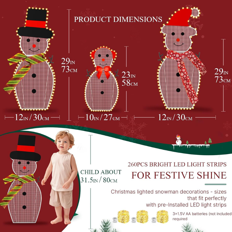 Lighted Snowman Family Christmas Yard Decorations, Set of 3 With 180 LED Lights, Metal Frame Outdoor Holiday Lawn and Porch Decor