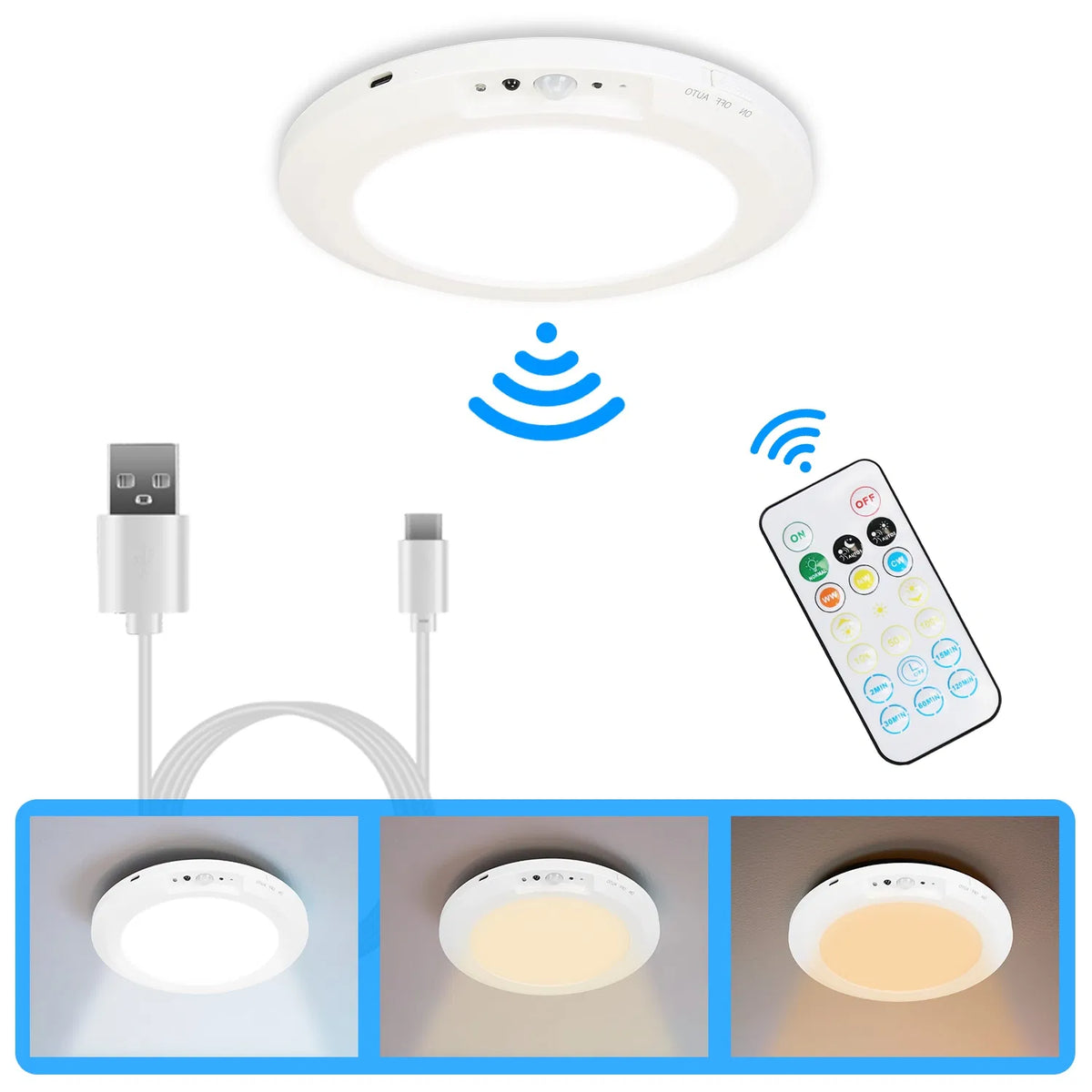 Motion Sensor Ceiling Light, Rechargeable Wireless LED Flush Mount With Remote, Dimmable 3 Color Temperatures, White 7.09 In