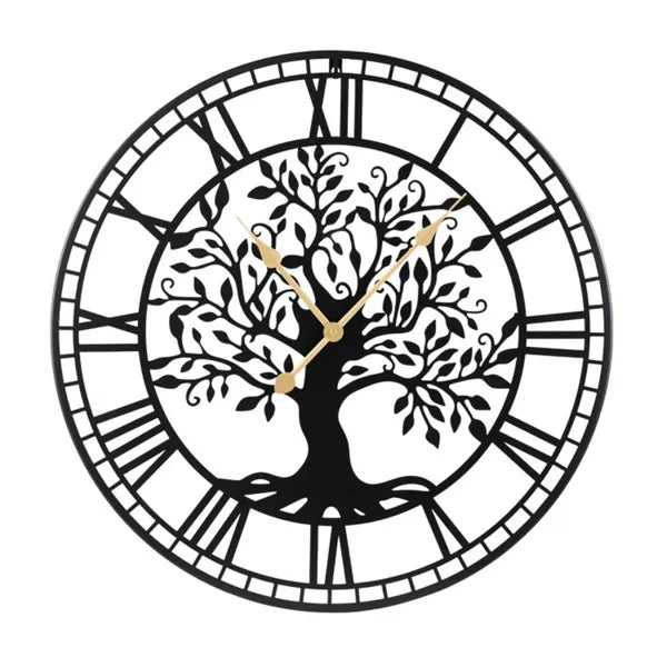 Tree of Life Wall Clock, 27" Black Metal Round Silent Non-Ticking Roman Numeral Clock