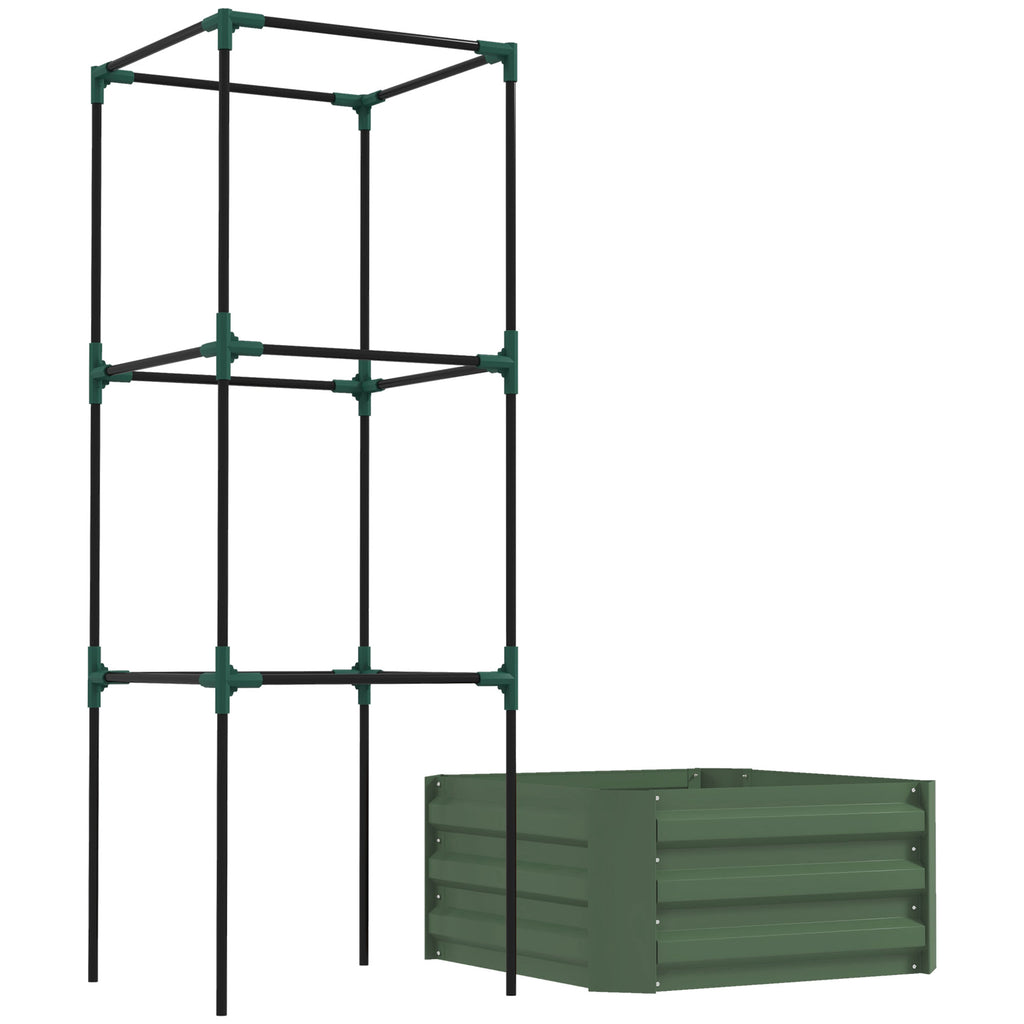 Galvanized Raised Garden Bed With Tomato Cage Trellis, 24" x 24" x 55" Green Metal Planter Box for Climbing Vines