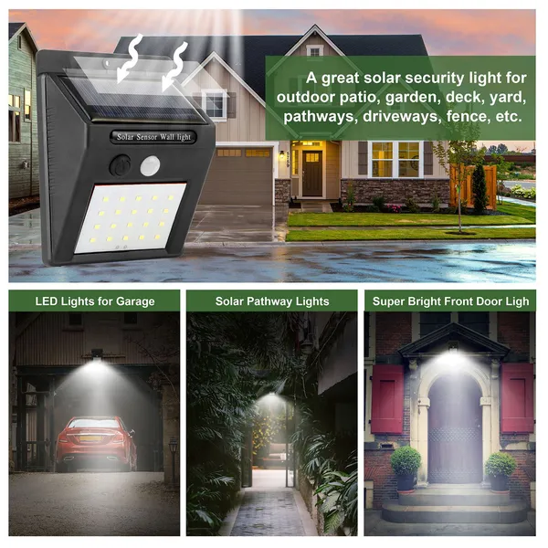 Solar Motion Sensor Outdoor Wall Light, 20 LED Black Security Lamp, IP65 Waterproof Wireless Patio Light
