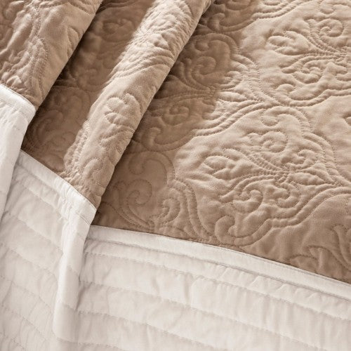 7 Piece Reversible Quilt Set With Euro Shams and Throw Pillows, Beige Full/Queen, Medallion Quilted Bedding