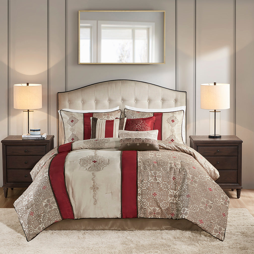 Queen 7 Piece Jacquard Comforter Set With Throw Pillows, Red and Tan Polyester Bedding