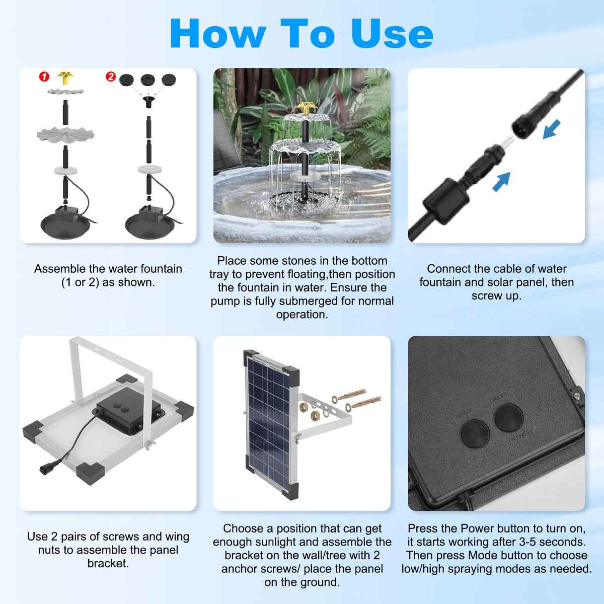 Solar Bird Bath Fountain With 3-Tier Waterfall, LED Lights and 6W Solar Panel, 3 Nozzles for Pond, Patio and Garden