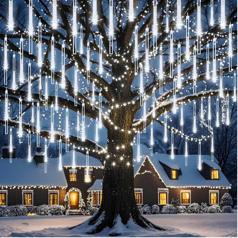 Meteor Shower Lights Outdoor, 8 Tubes 192 LED Falling Rain Icicle String Lights, 12 Inch Cascading Snow Lights, White