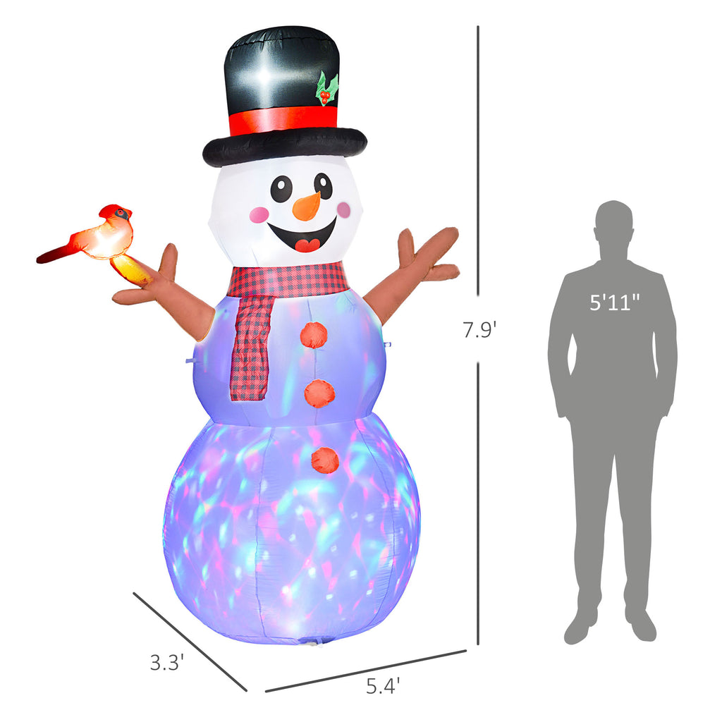 Inflatable Snowman Christmas Decoration, 7.9 Ft Lighted Yard Display With Rotating Color LED Lights, Top Hat, Scarf and Cardinal