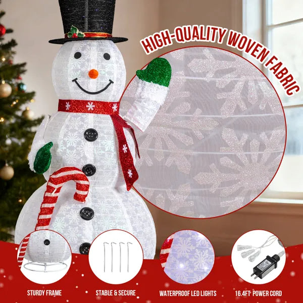 Lighted Snowman Christmas Yard Decoration, 5.7 Ft Pre-Lit Pull Up Snowman With 210 White LEDs, Top Hat, Red Scarf and Candy Cane