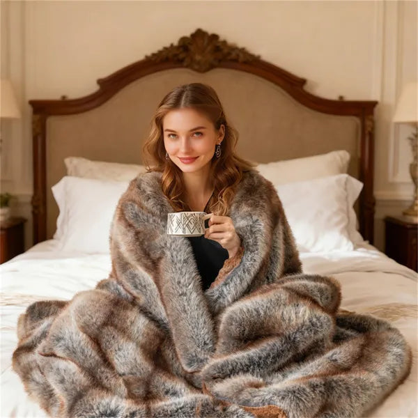 Faux Fur Throw Blanket, 60" x 80" Brown Taupe Fox Fur Blanket With Reversible Fleece Lining