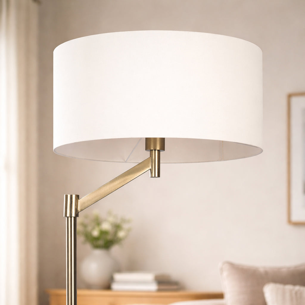 Horizon Brushed Nickel Table Lamp With Linen Shade, Curved Metal Base and On/Off Switch