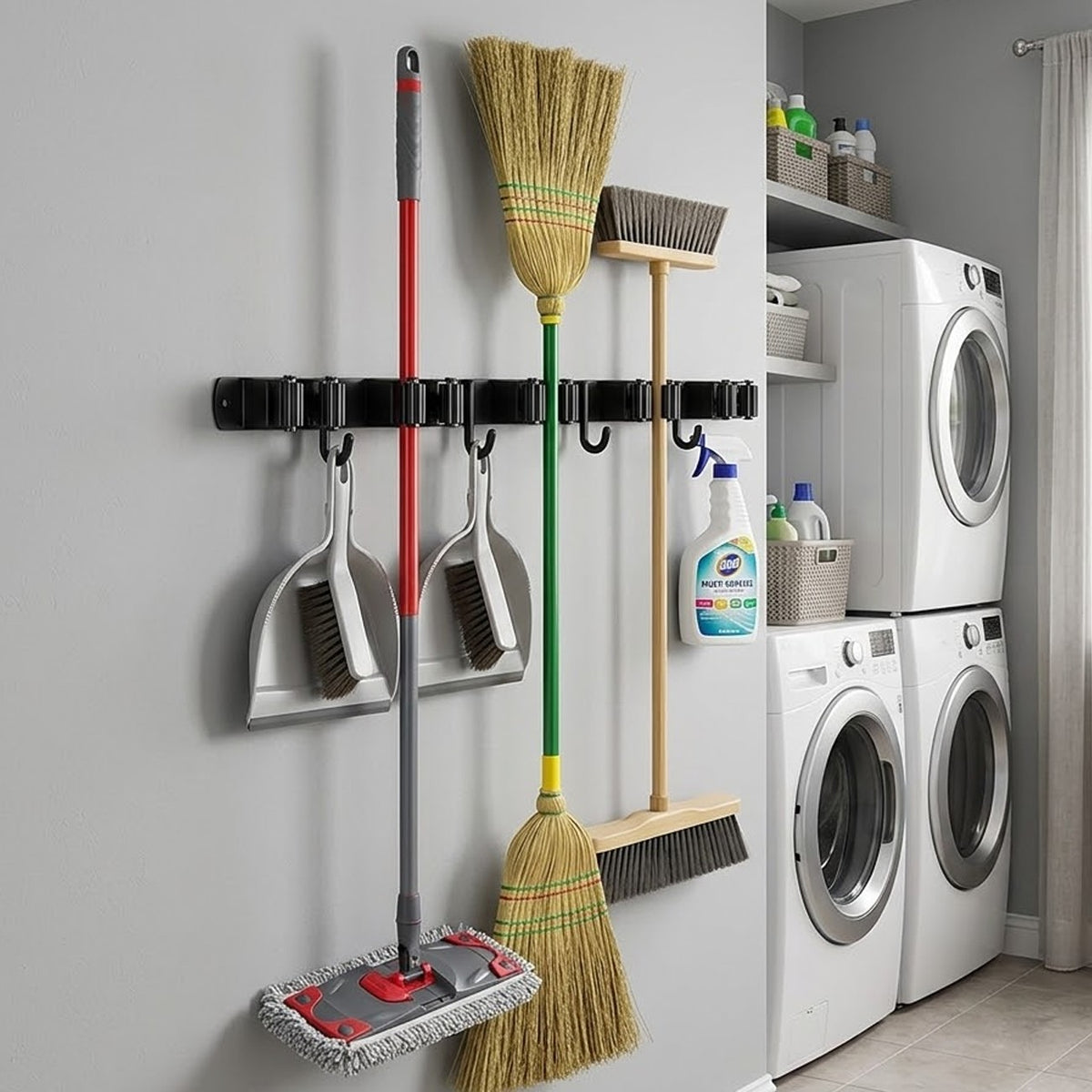 Broom and Mop Holder Wall Mount, Black Stainless Steel Garden Tool Organizer with 5 Slots and 4 Hooks, 17 in