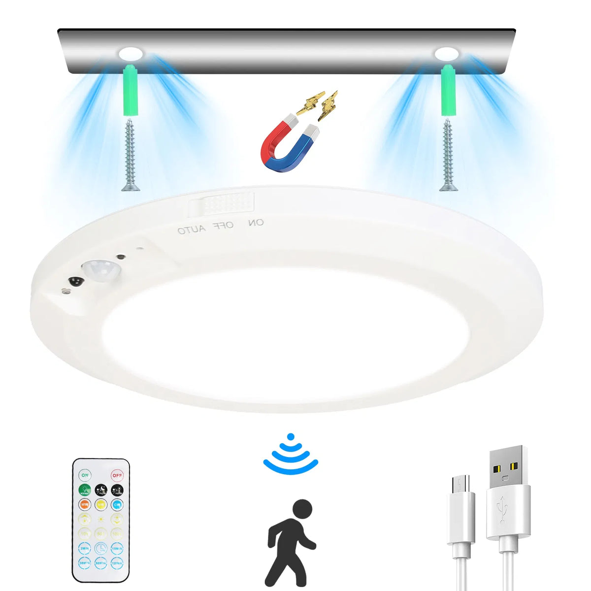 Motion Sensor Ceiling Light, Rechargeable Wireless LED Flush Mount With Remote, Dimmable 3 Color Temperatures, White 7.09 In