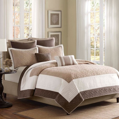 7 Piece Reversible Quilt Set With Euro Shams and Throw Pillows, Beige Full/Queen, Medallion Quilted Bedding