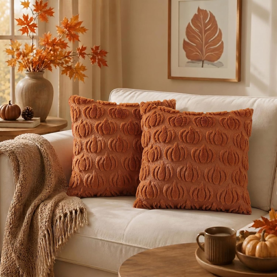 Pumpkin Throw Pillow Covers 18x18 Set of 2, Light Rust Faux Fur Fall Decor Cushion Cases with Velvet Back