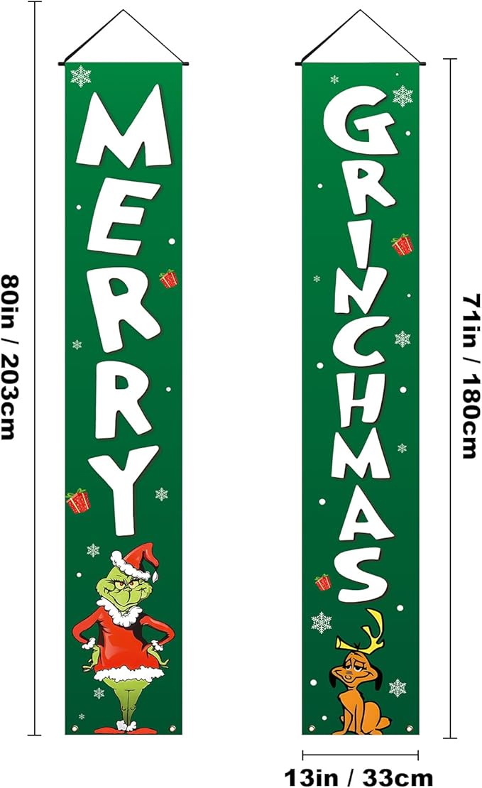 Christmas Porch Banner Set, 2 Green and White Outdoor Door Signs, 71 x 13 Inch Holiday Yard Decorations