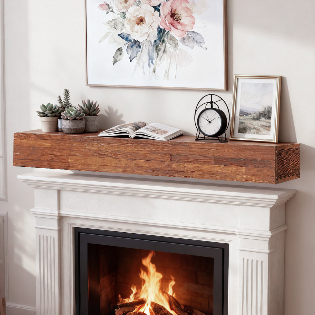 48 Inch Rustic Solid Wood Fireplace Mantel Shelf, Wall-Mounted Floating Shelf in Light Brown