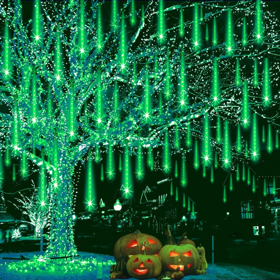 Meteor Shower Lights Outdoor, 8 Tube 192 LED Green Falling Rain Icicle String Lights for Christmas and Halloween, 12 in Tubes
