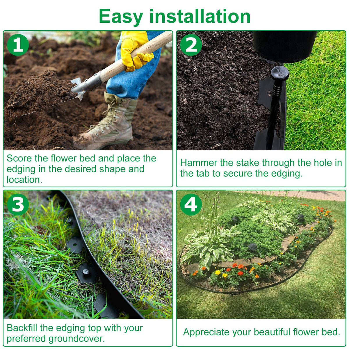 No-Dig Garden Edging Kit, Black Flexible Plastic Landscape Border with Stakes, 32.8, 60 or 100 ft
