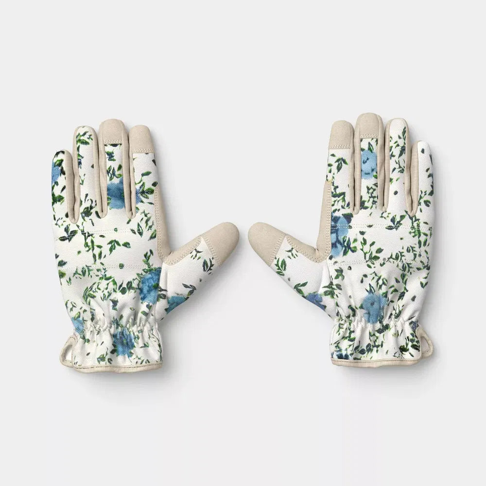 Floral Duck Canvas Garden Gloves, Khaki Blossom Print Work Gloves for Women, One Size