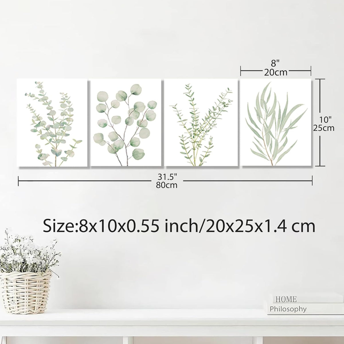 Botanical Eucalyptus Canvas Wall Art, Set of 4 Framed 8x10 Sage Green Prints for Bathroom and Bedroom