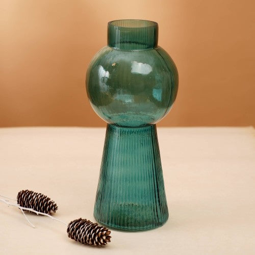 Ribbed Glass Vase, 5 x 12 Inch Tall Teal Green Decorative Flower Vase for Floral Arrangements and Centerpieces