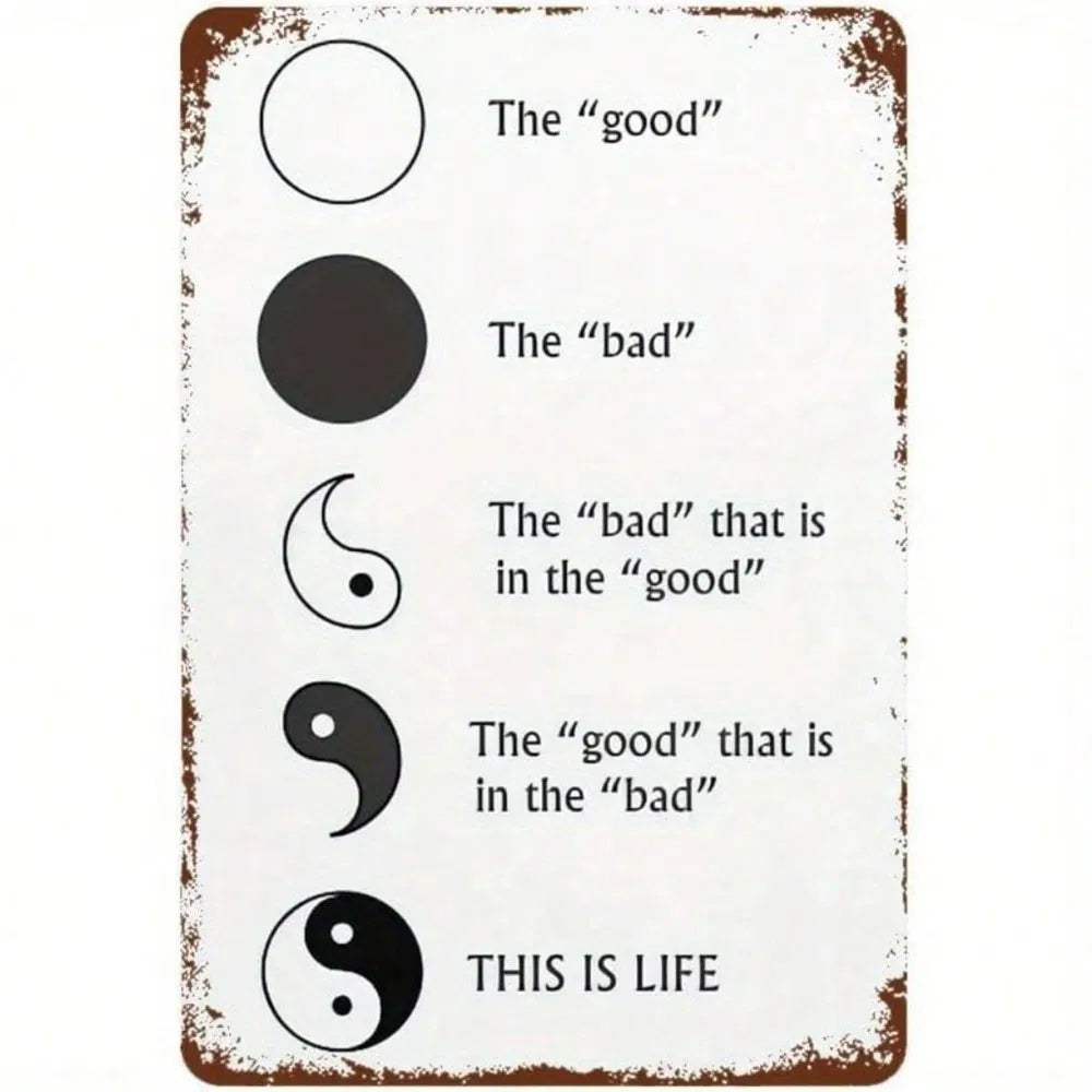 Yin and Yang Metal Wall Sign, Black and White Vintage Tin Wall Art Decor, 7.87 x 7.87 In
