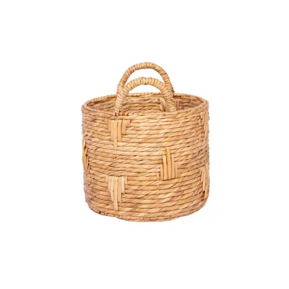 Round Bulrush Basket Planter With Handles, 12 Inch Handwoven Natural Woven Plant Basket