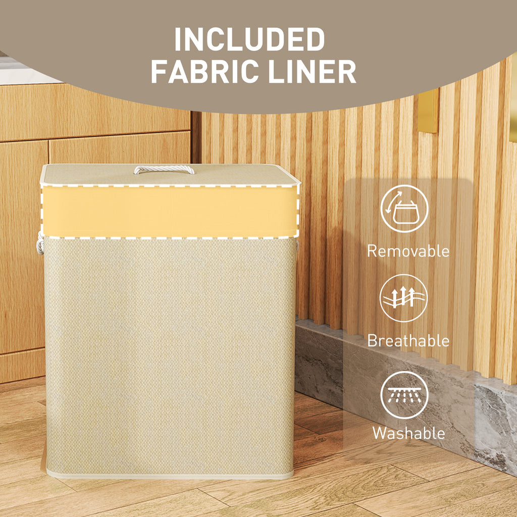 Double Laundry Basket With Lid, 26.4 Gallon Bamboo Laundry Hamper With Rope Handles and Removable Liner, Natural