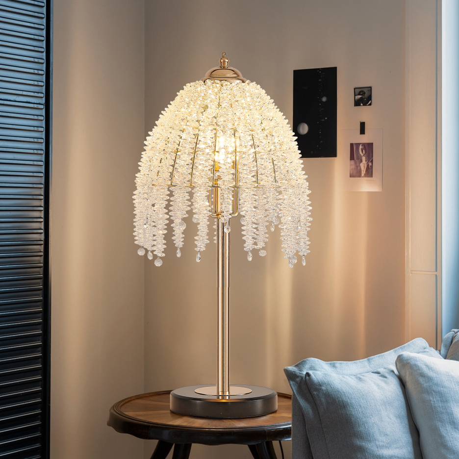 Crystal Table Lamp 19" Gold Waterfall Beaded Shade Nightstand Lamp With Marble Textured Base