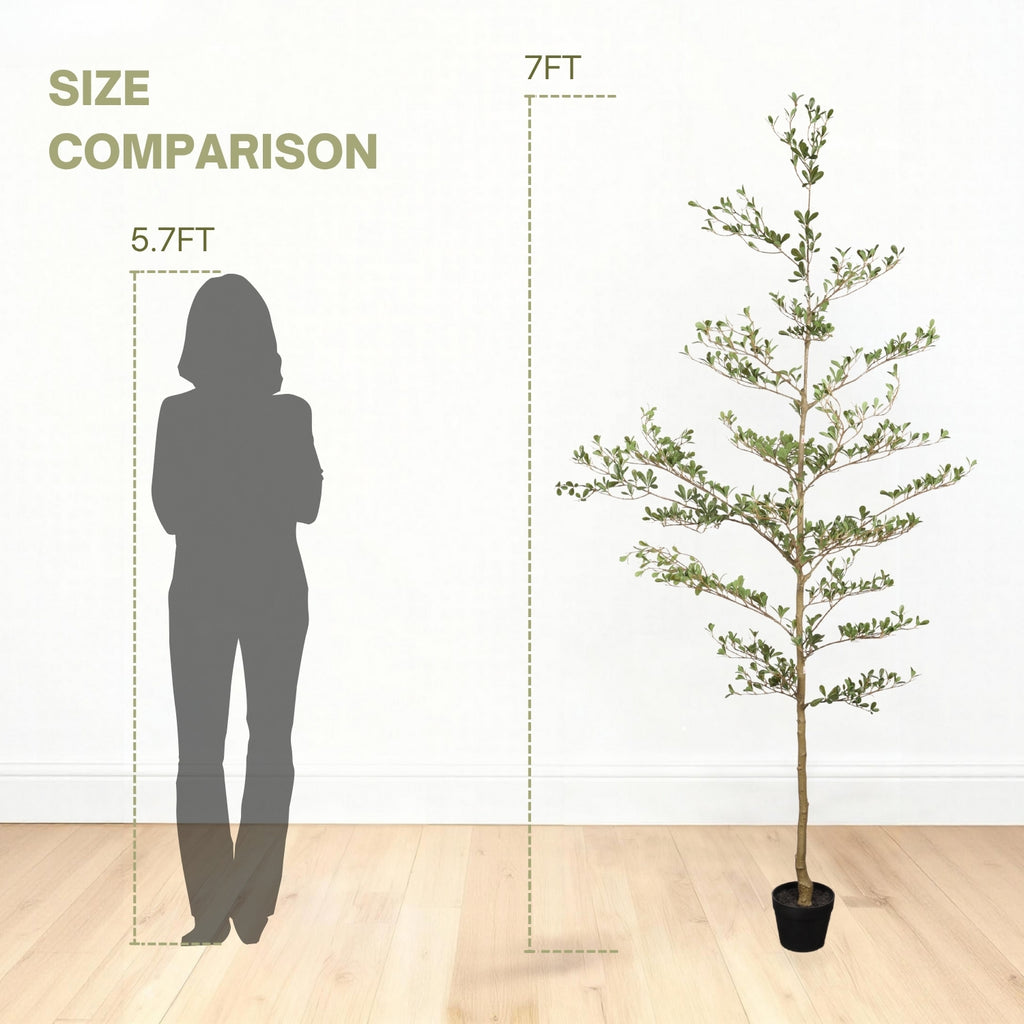 7 Ft Artificial Black Olive Tree with Black Pot, Realistic Tall Faux Plant for Living Room Corner Decor
