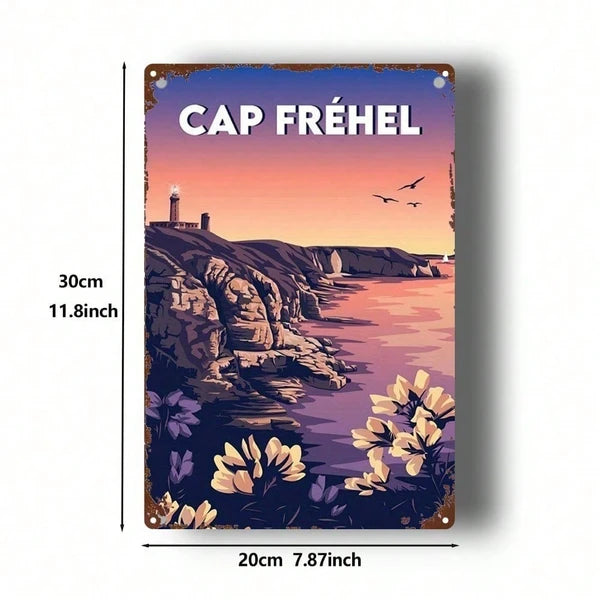 Cap Fréhel Lighthouse Metal Wall Sign, Vintage French Coastal Sunset Art for Home, Bar, Café or Garage