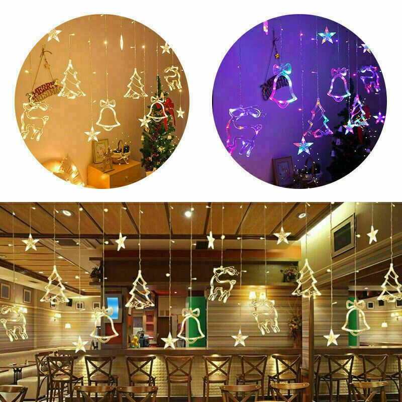LED Christmas Curtain String Lights, Star Bell Tree and Reindeer Window Fairy Lights, Battery or USB Powered