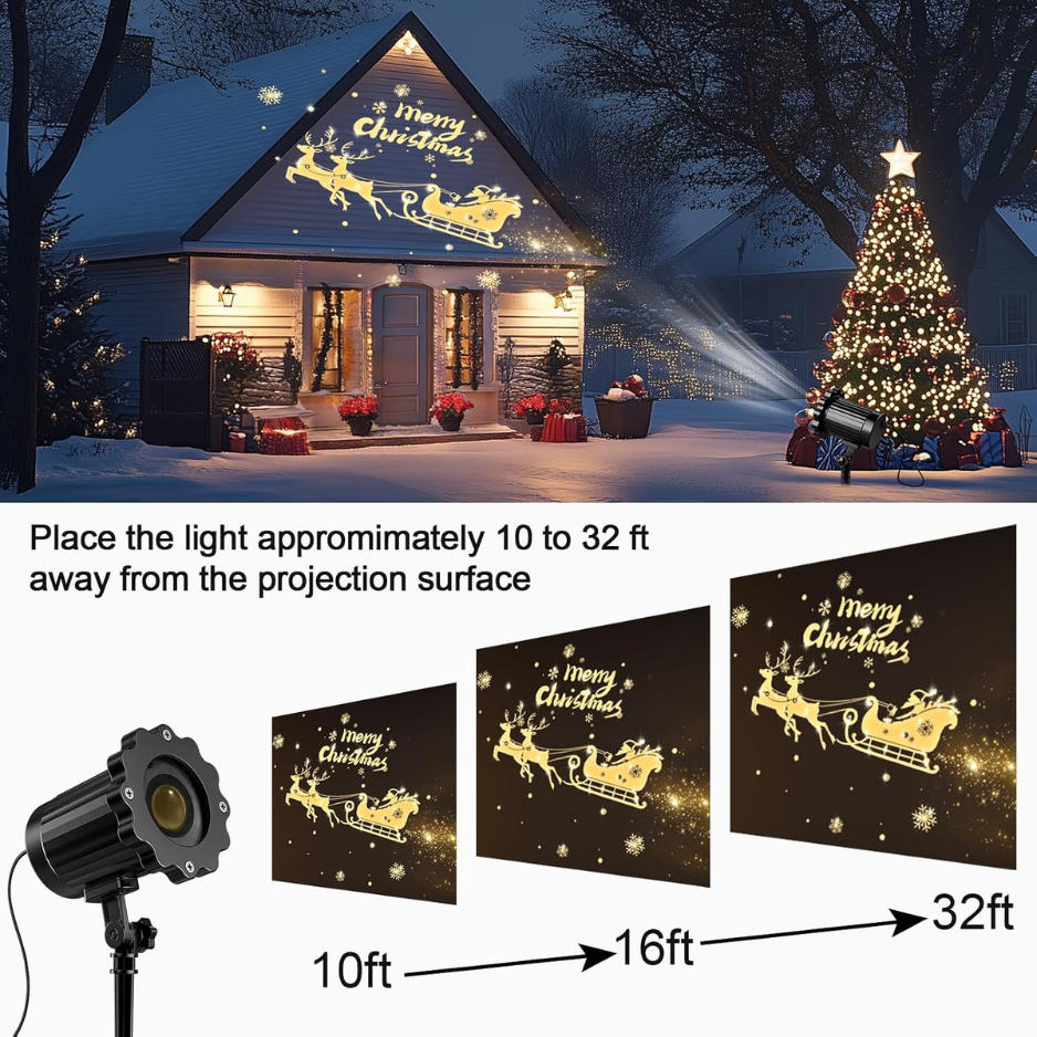 Christmas Projector Light, 3D Dynamic Santa Sleigh and Reindeer Projection for Indoor and Outdoor, Waterproof, Black