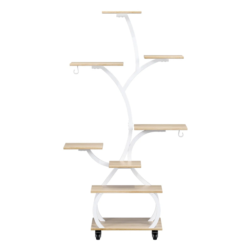 Tree Shaped Plant Stand with Full Spectrum LED Grow Light, White Metal 8-Tier Indoor Plant Shelf with Lockable Wheels, 48 Inches