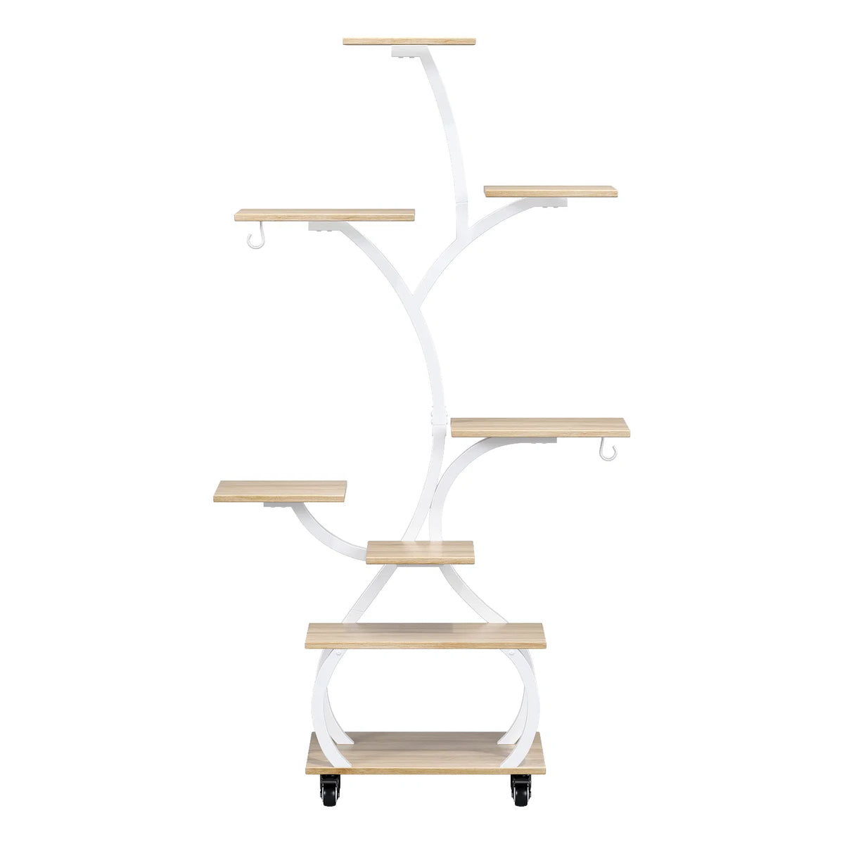 Tree Shaped Plant Stand with Full Spectrum LED Grow Light, White Metal 8-Tier Indoor Plant Shelf with Lockable Wheels, 48 Inches