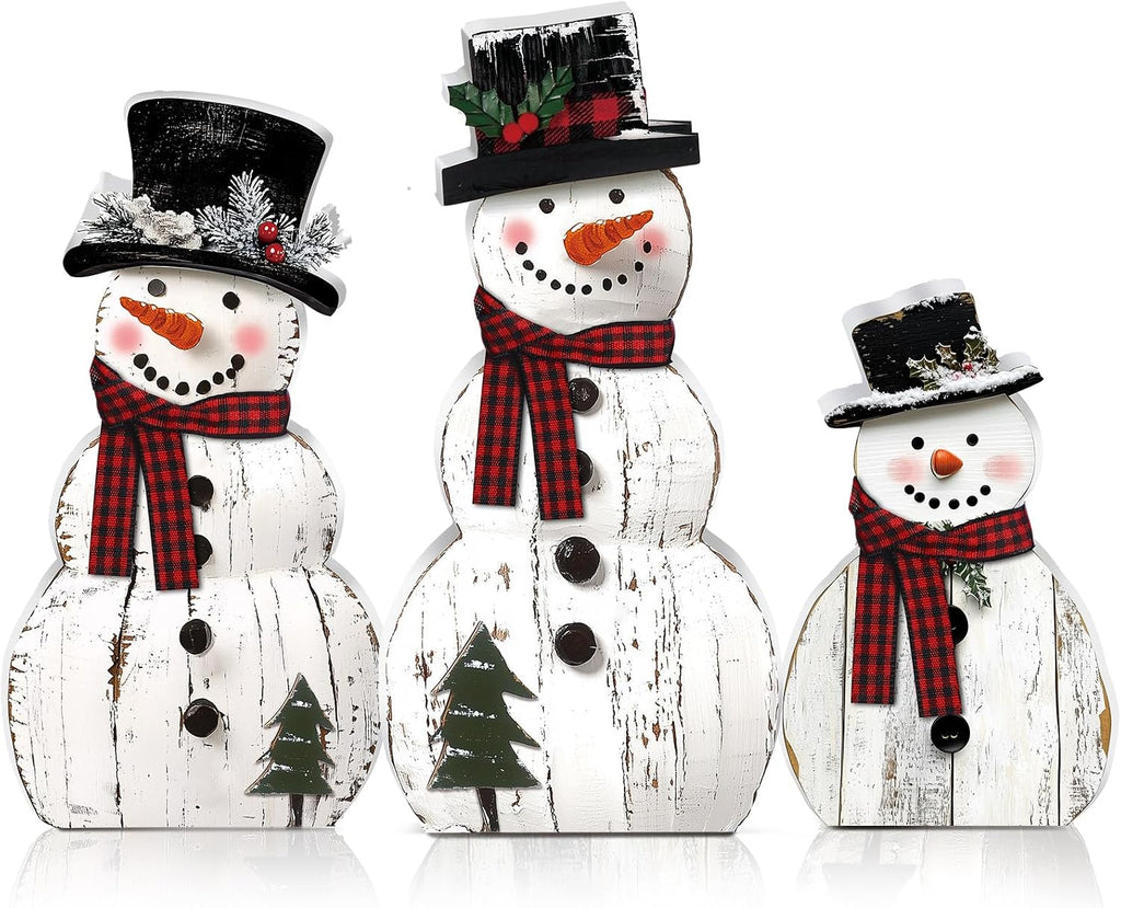 Wooden Snowman Christmas Decorations, Set of 3 Rustic Tabletop Figurines With Plaid Scarves for Mantel and Shelf