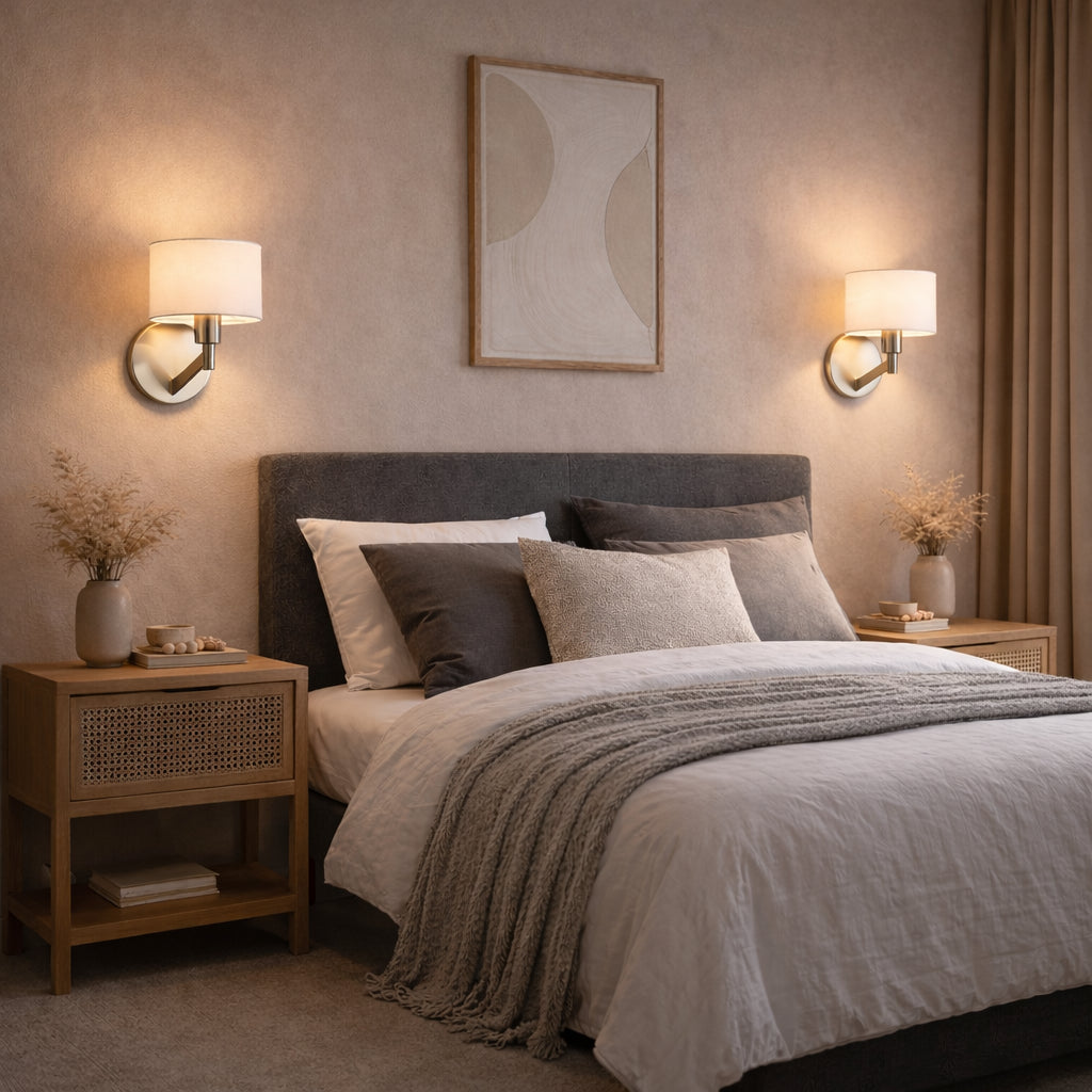Brushed Nickel Wall Sconce With White Fabric Drum Shade and Rotary Switch, Modern 1-Light Wall Lamp
