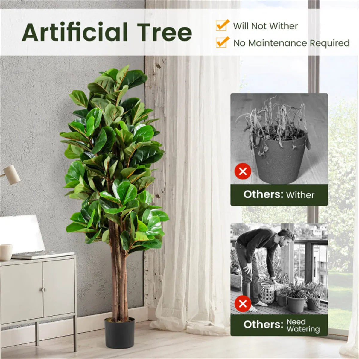 5 Ft Artificial Fiddle Leaf Fig Tree with Black Planter, 180 Green Leaves, Faux Indoor Outdoor Potted Tree