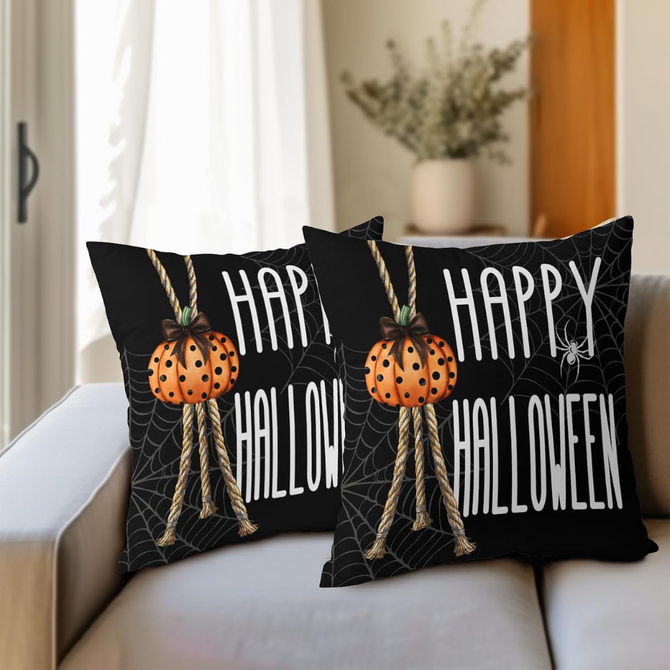 Happy Halloween Pillow Covers 18x18 Inch, Set of 2 Black Pumpkin Spider Web Cotton Linen Throw Pillow Cases