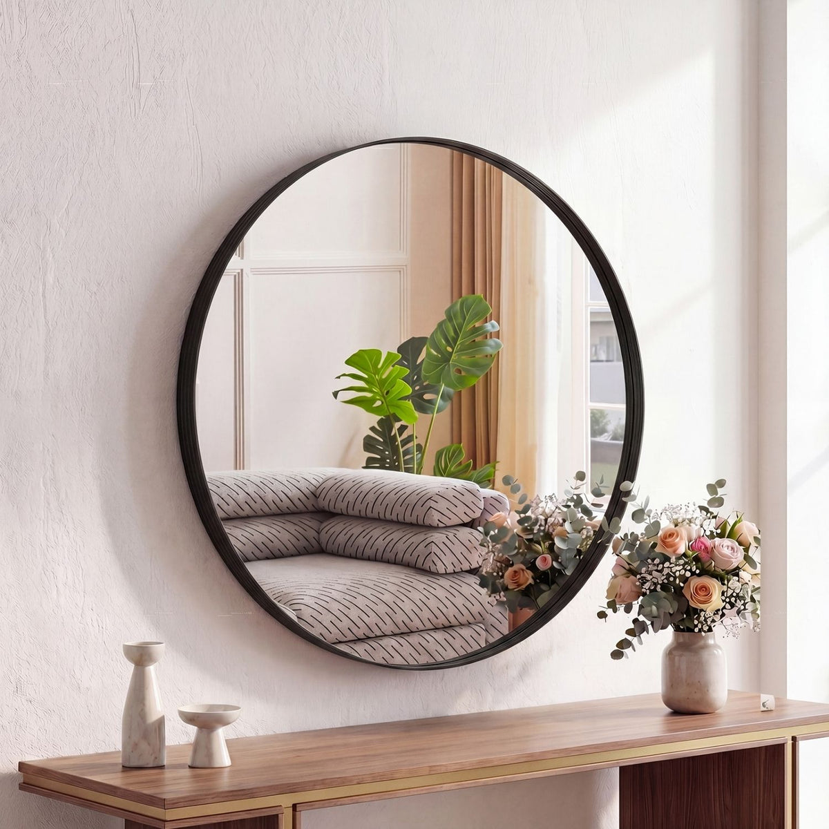 Round Wall Mirror With Brushed Aluminum Frame, Tempered Glass Bathroom Vanity Mirror in Black or Gold, 20 to 30 Inch