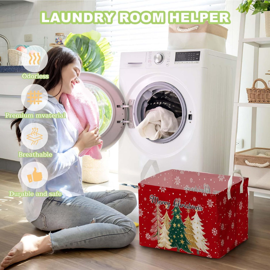 Christmas Storage Basket, Red Canvas Foldable Storage Bin With Handles, 15 x 10 x 8.6 Inch Holiday Laundry Hamper