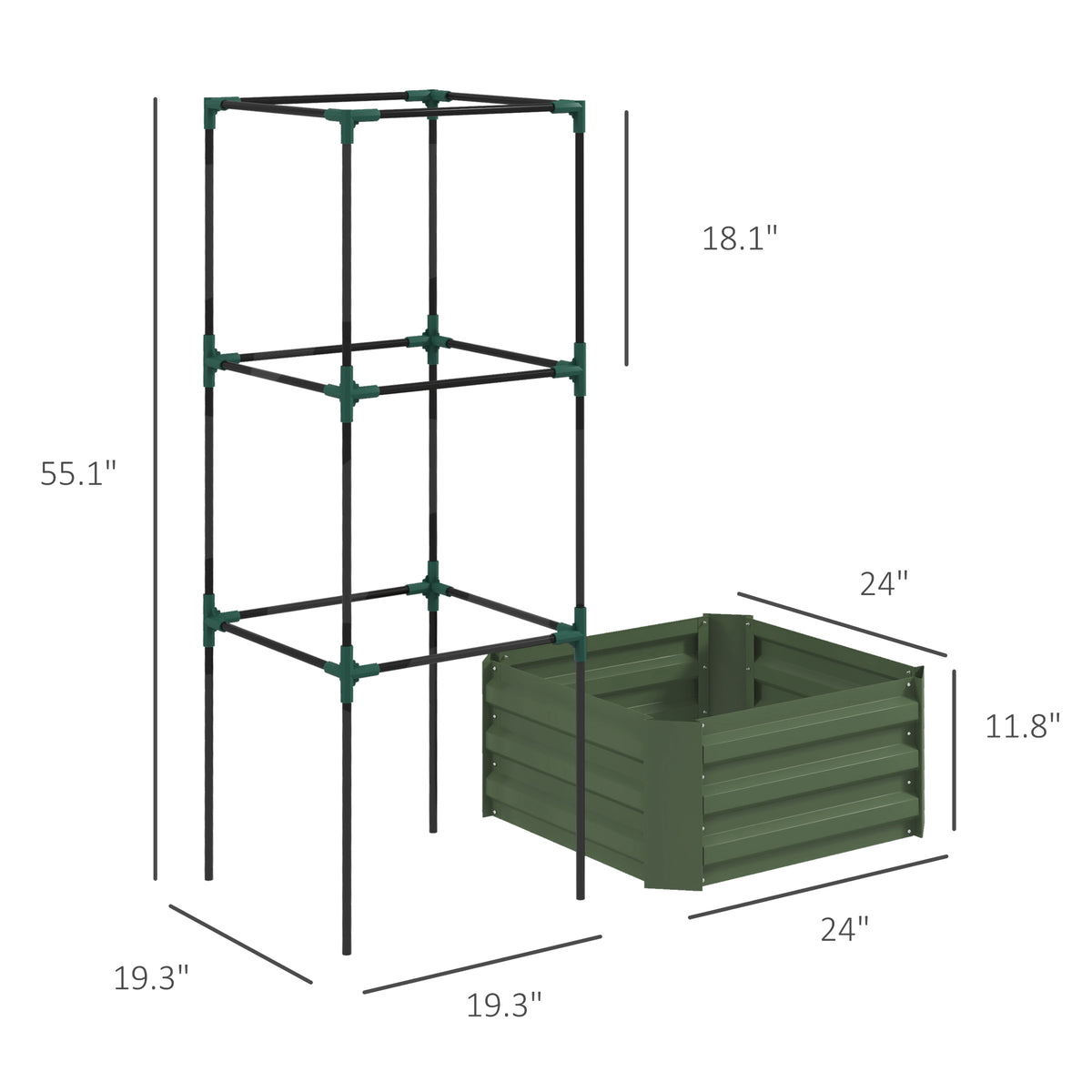 Galvanized Raised Garden Bed With Tomato Cage Trellis, 24" x 24" x 55" Green Metal Planter Box for Climbing Vines