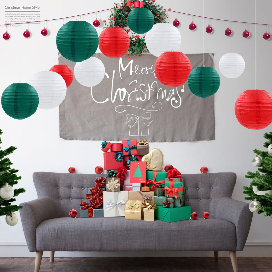 Christmas Paper Lanterns, 12 Pack Red Green White Hanging Lanterns in 4 Sizes for Holiday Party Decor