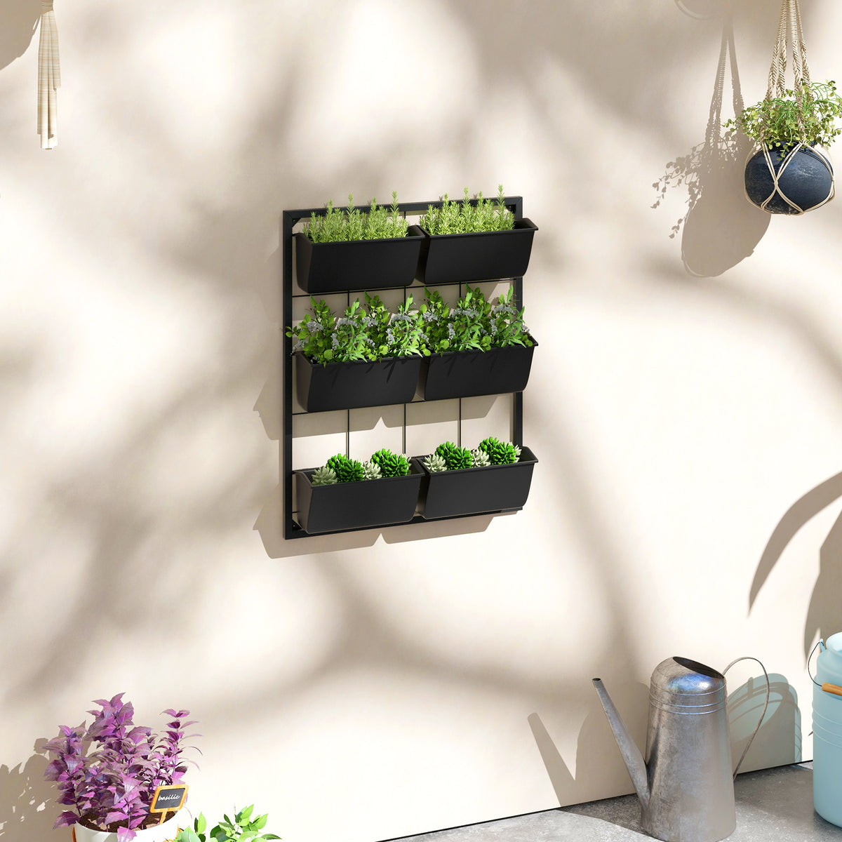 3-Tier Wall Mounted Planter With 6 Self-Draining Pots, Black Steel Vertical Garden For Indoor And Outdoor Herbs