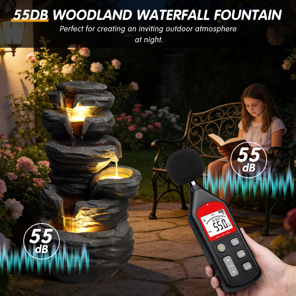 Outdoor Waterfall Fountain With LED Lights, Gray Resin Stacked Rock Cascading Water Feature, 25.6 In. Garden Decor for Patio and Porch