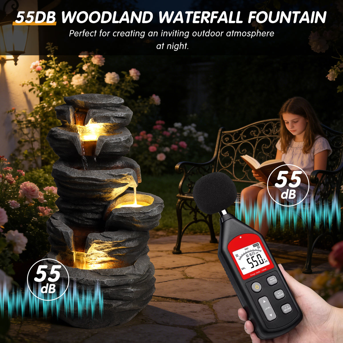 Outdoor Waterfall Fountain With LED Lights, Gray Resin Stacked Rock Cascading Water Feature, 25.6 In. Garden Decor for Patio and Porch