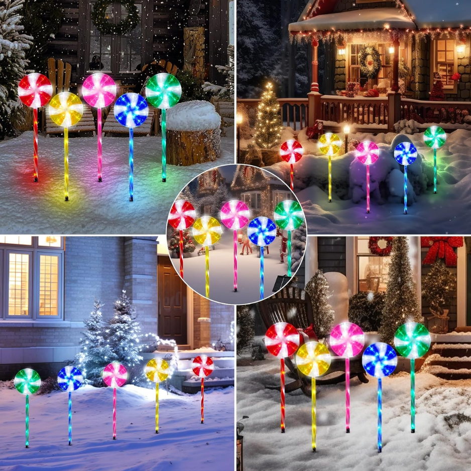 Solar Lollipop Pathway Lights, 5 Pack Outdoor Christmas Candy Cane Stakes With 8 Lighting Modes, Multicolor Walkway Decor