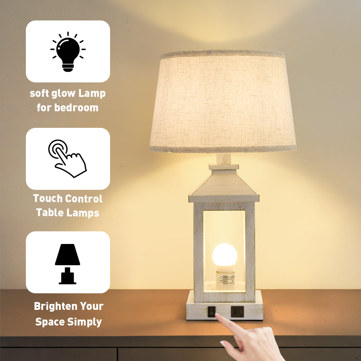 Farmhouse Table Lamps Set of 2, 20.5 In White Lantern Nightstand Lamps With USB C and A Ports, AC Outlet and Linen Shade